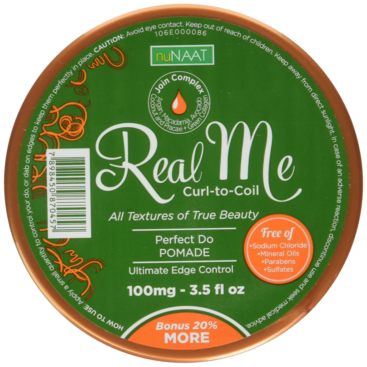 Top of a green and copper Real Me Perfect Do edge control pomade jar, 3.5 oz