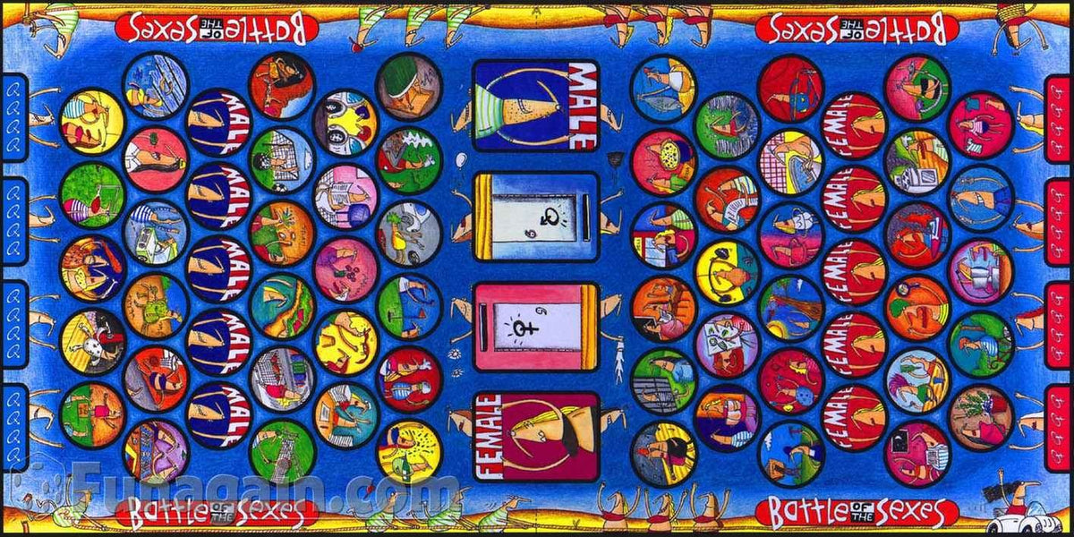 Blue game board with rows of illustrated male and female circles and card spaces