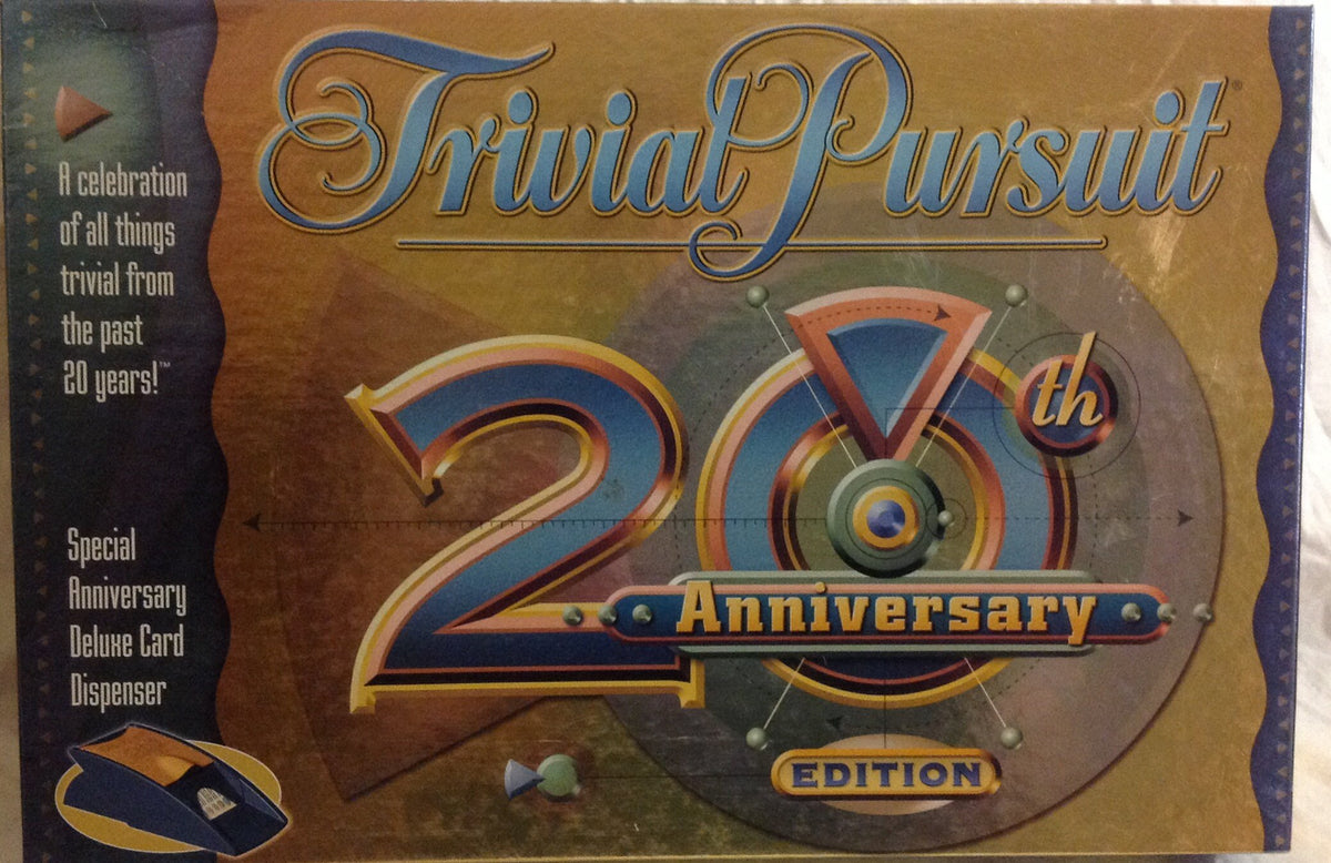 Front of the Trivial Pursuit 20th Anniversary Edition box with gold and blue lettering and a card dispenser