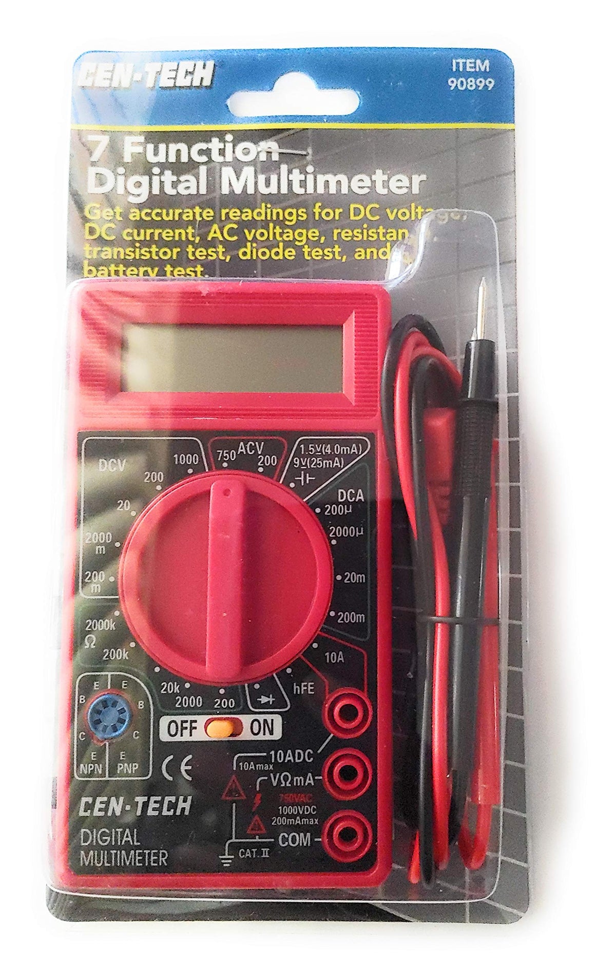 Front of Cen-Tech multimeter package showing dial ranges and red and black probes