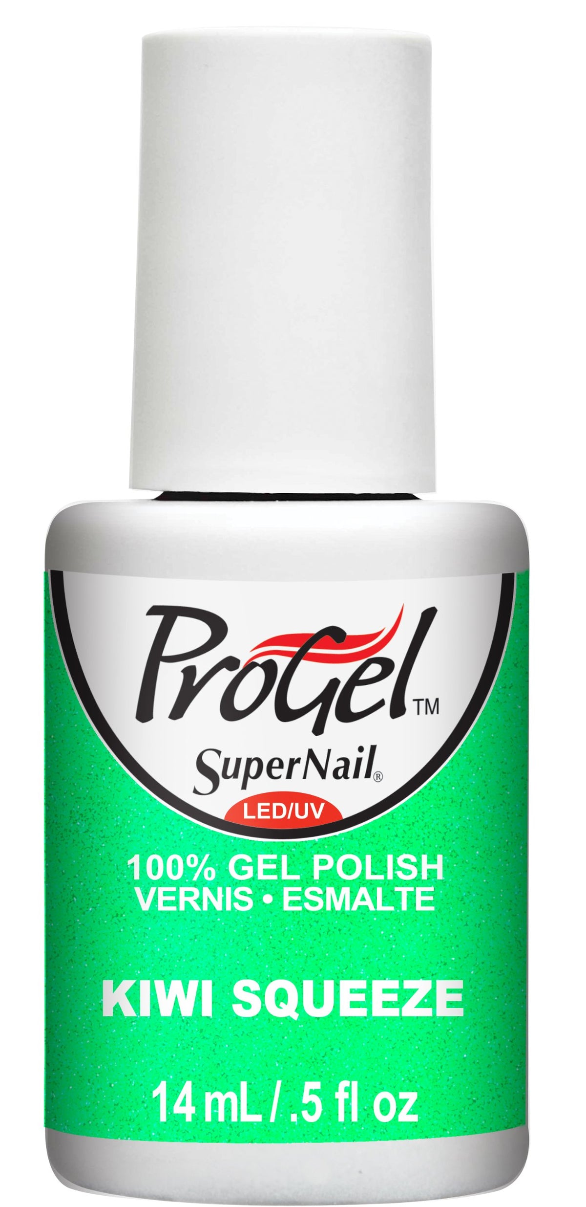 Gel polish bottle with a white cap and a sparkly bright green label