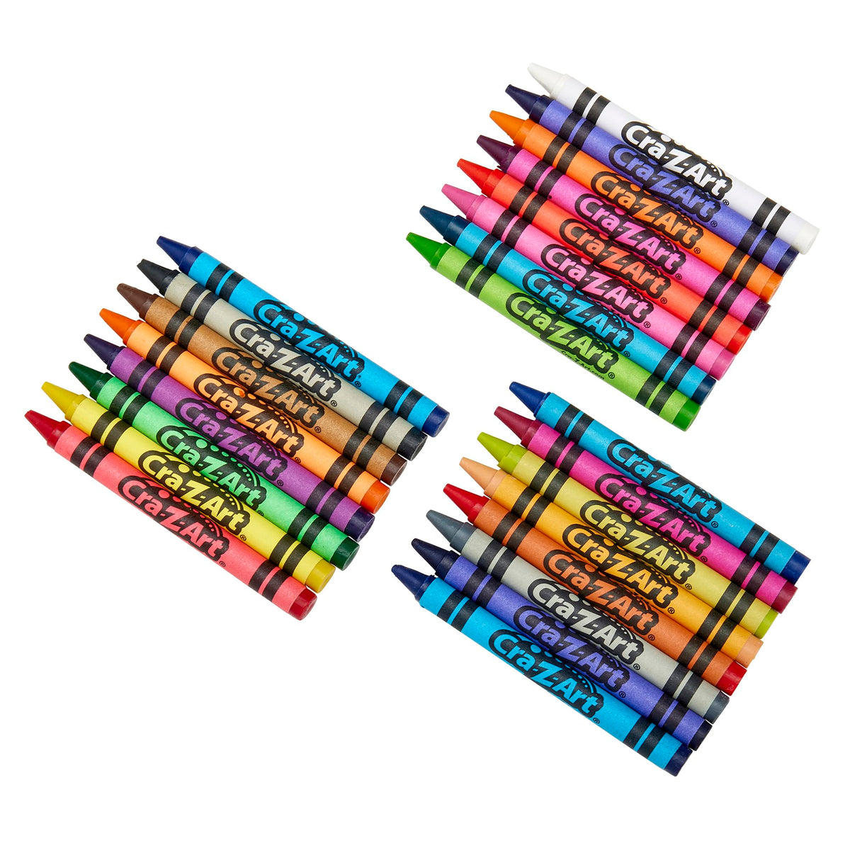 Twenty-four Cra-Z-Art crayons out of the box, laid out in three colourful groups