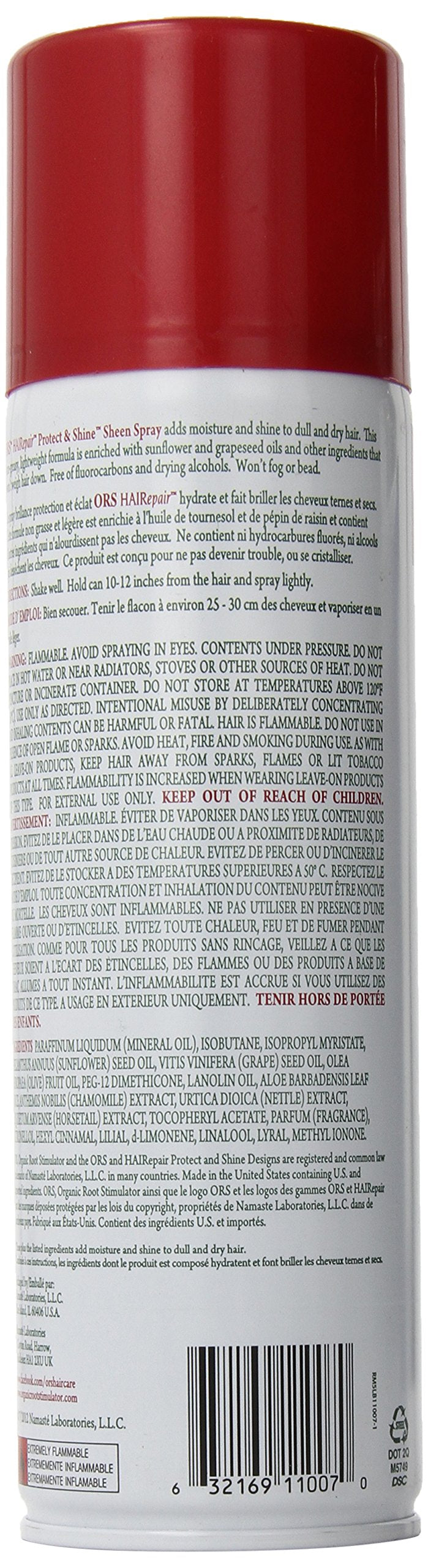 Back of the sheen spray can with directions, warnings and ingredients