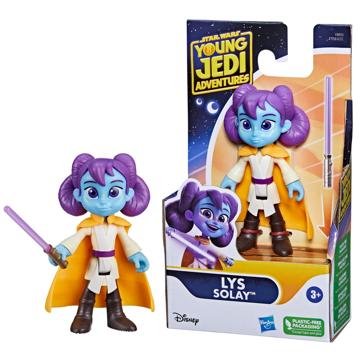 Loose purple-haired Jedi figure beside its boxed version, ages 3+