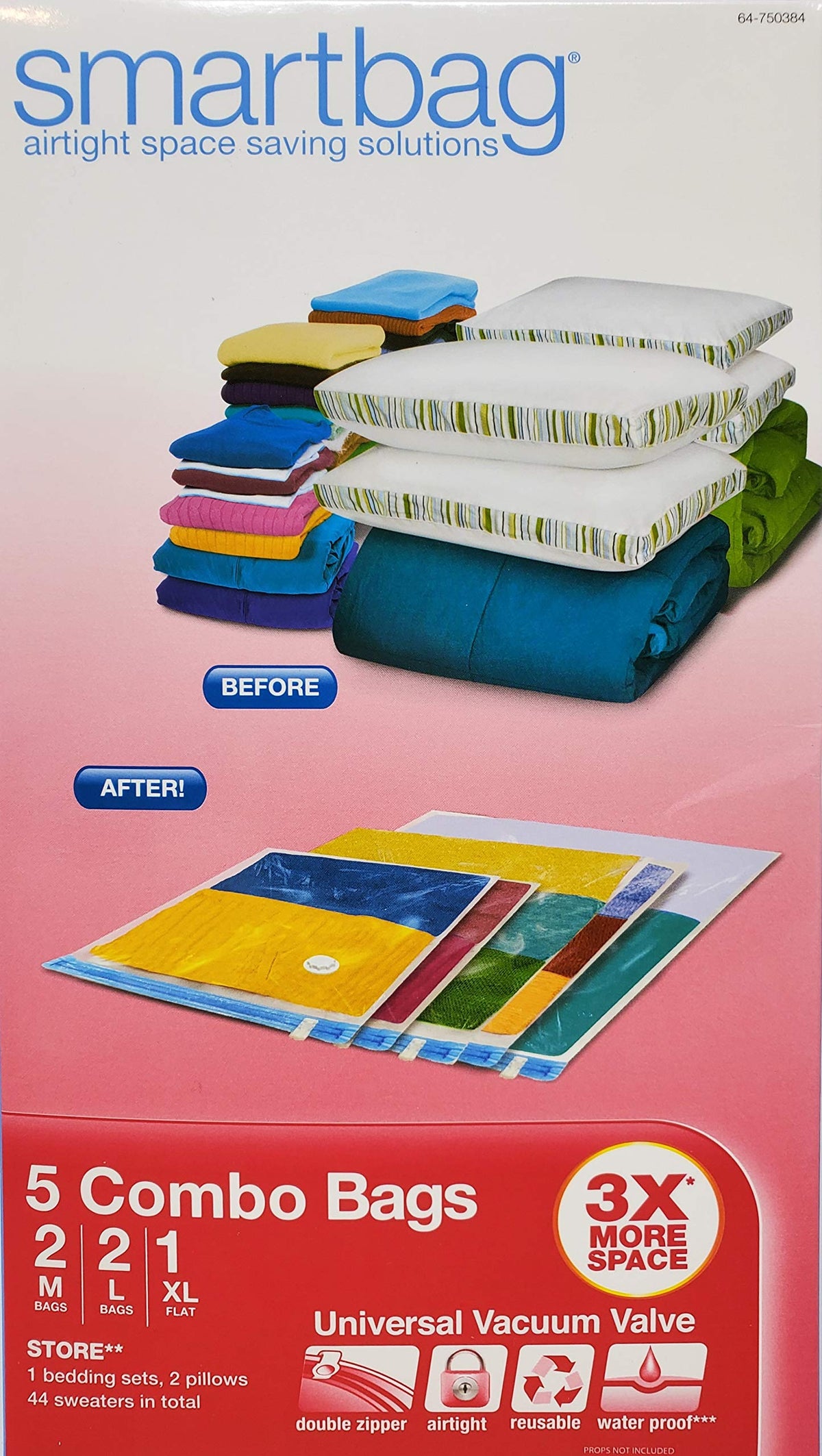 Smartbag box of 5 vacuum storage bags with before and after stacks of clothes and pillows