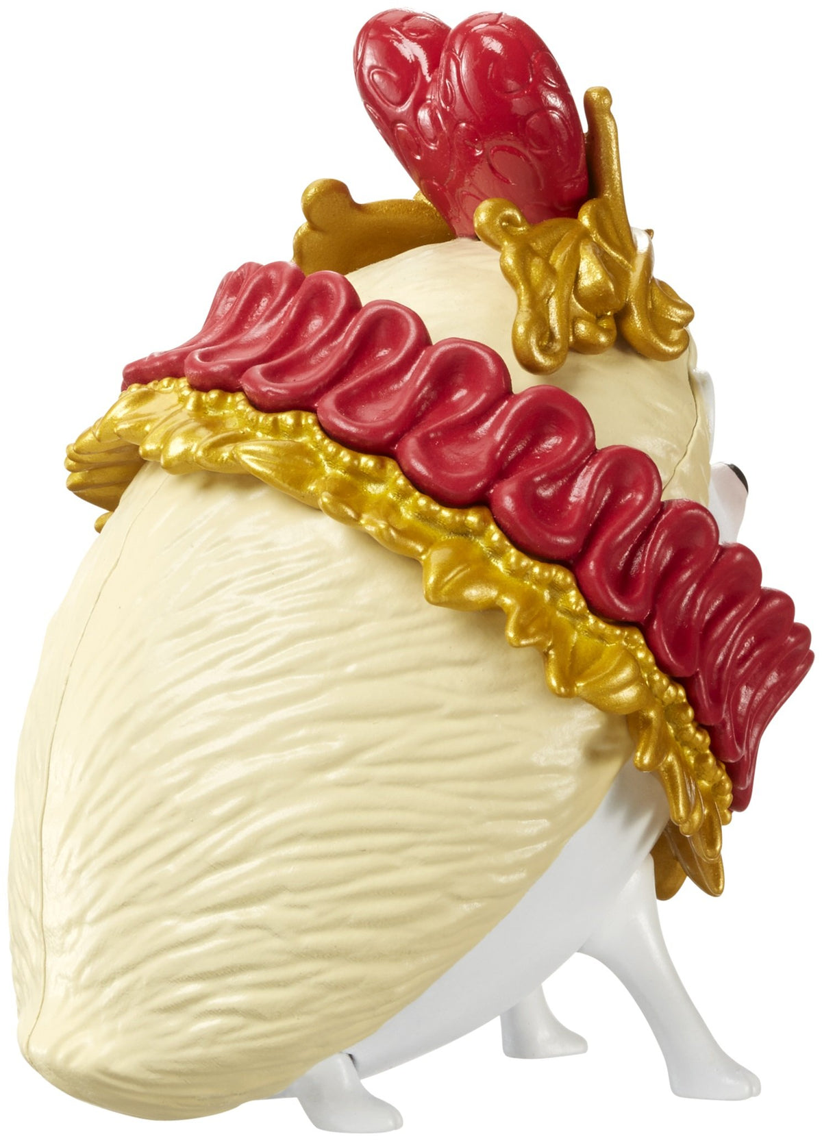 Back of Shuffle hedgehog figure showing cream quills and red and gold ruff