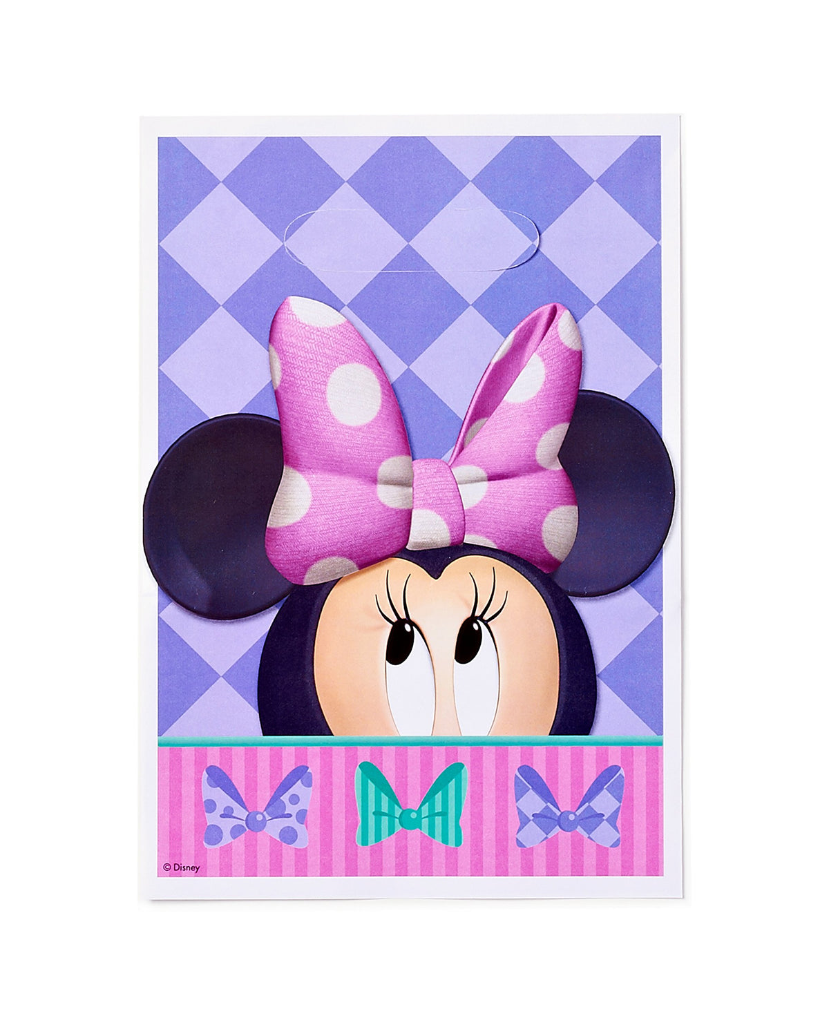 Purple diamond-pattern treat bag with Minnie Mouse peeking up under a pink polka dot bow