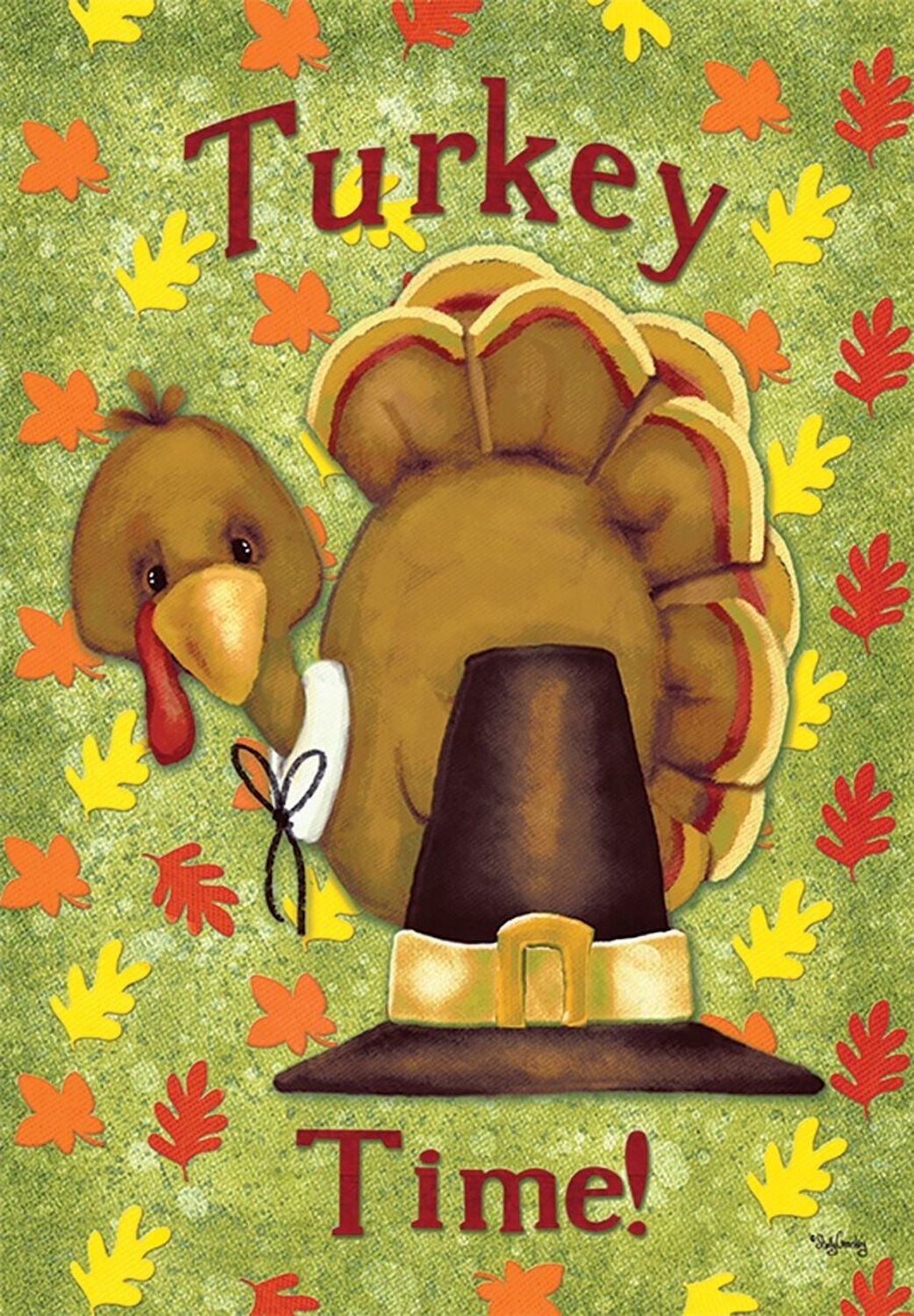 Green flag with a cartoon turkey behind a pilgrim hat among falling leaves, Turkey Time