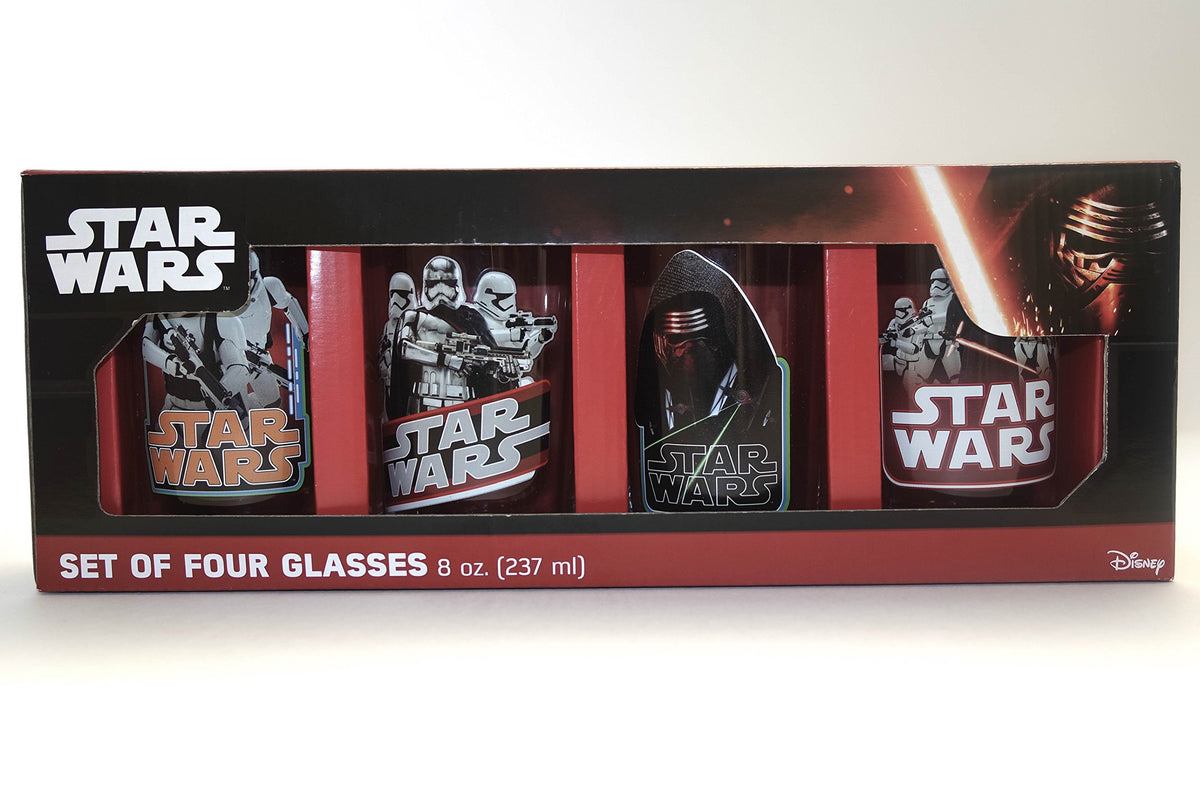 Boxed set of four Star Wars glasses showing stormtroopers and Kylo Ren