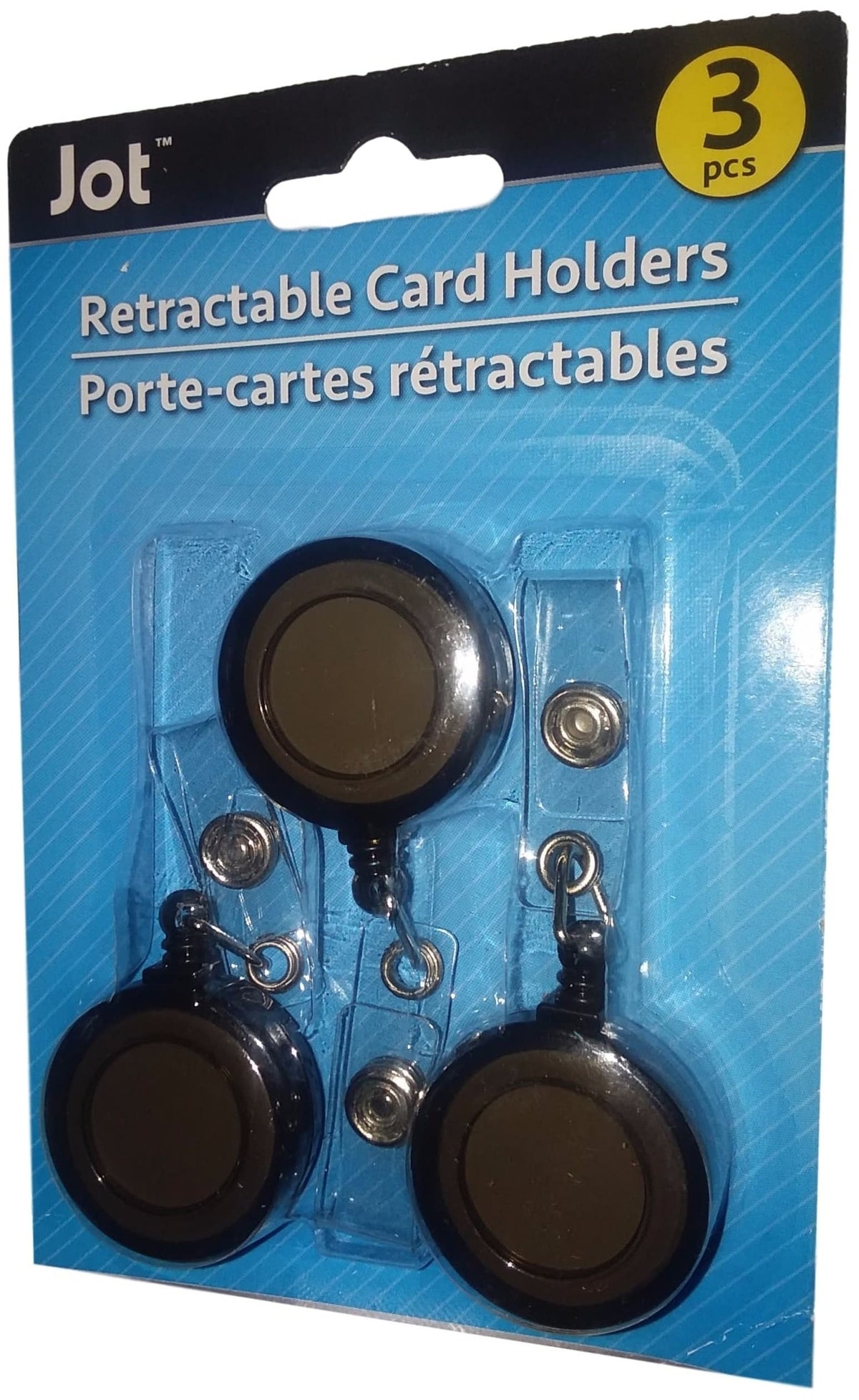 Jot 3 pack black retractable ID card badge reels with clear straps on blue card
