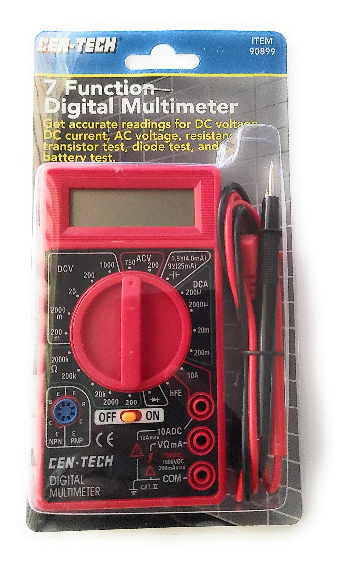 Packaged red Cen-Tech multimeter listing DC and AC voltage, current and battery tests