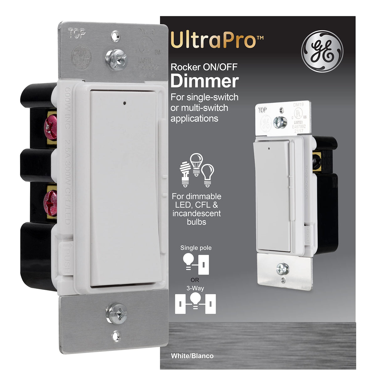 White rocker dimmer switch on a metal strap beside its grey and black box panel