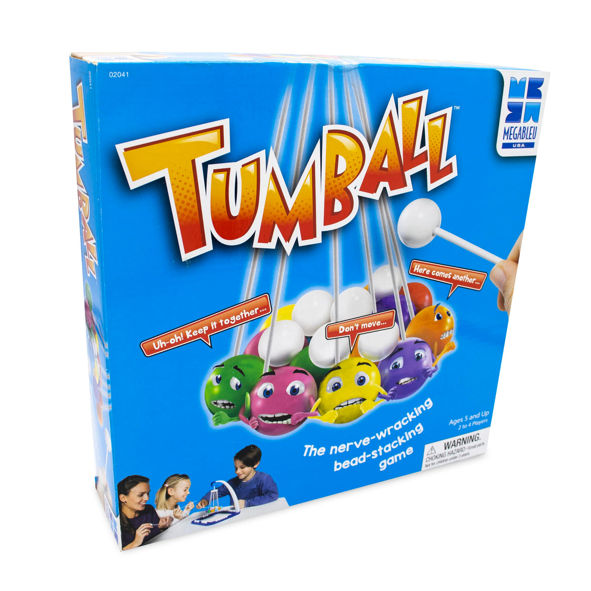 Blue Tumball game box showing cartoon colored balls hanging on rods and a family playing