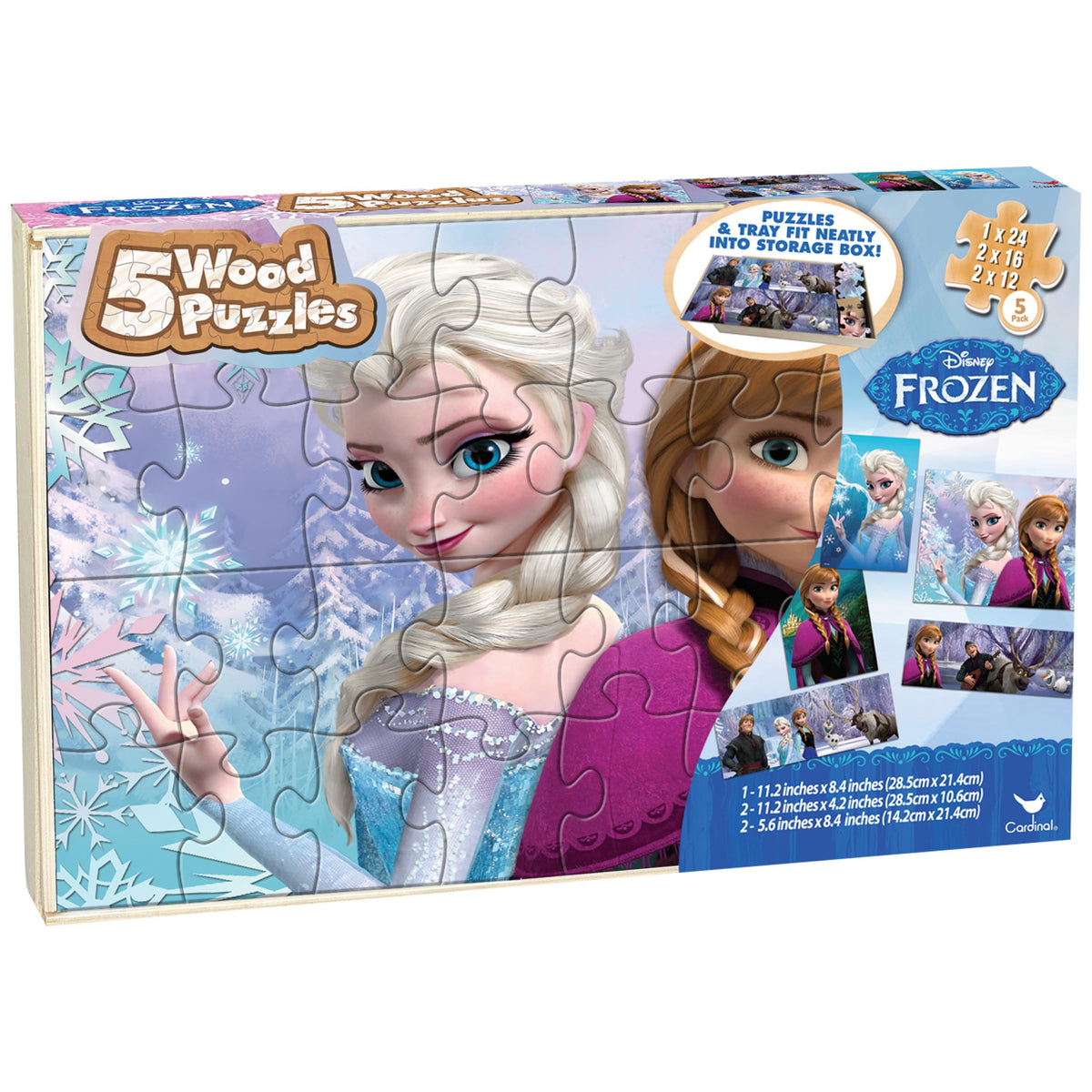 Wooden storage box of 5 Frozen jigsaw puzzles showing Elsa and Anna on the lid