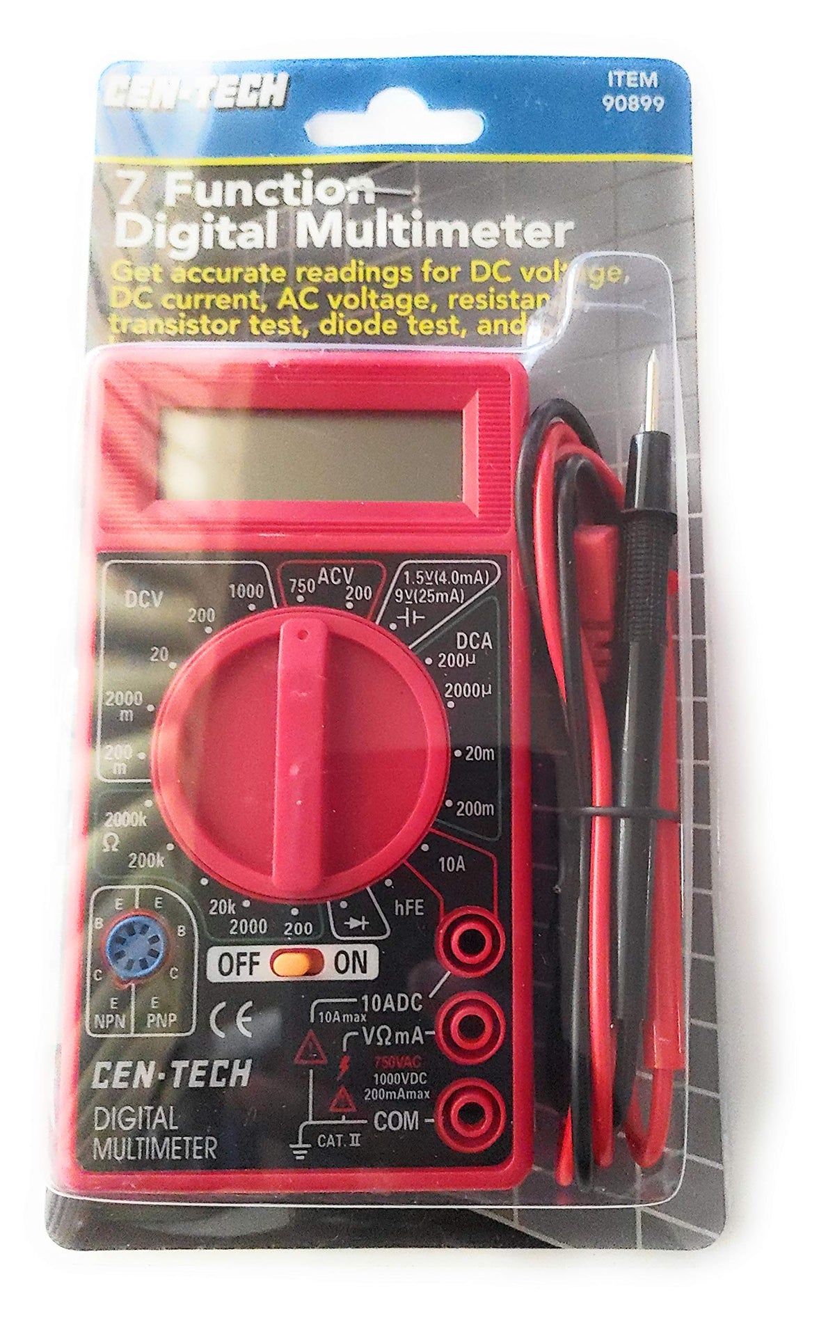 Cen-Tech digital multimeter pack shown at a slight angle with coiled test leads