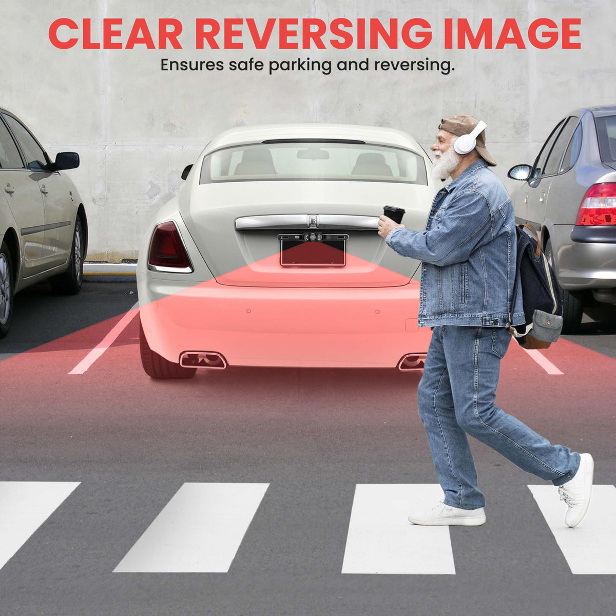 White car with plate camera and red view zone as a man with coffee walks behind it