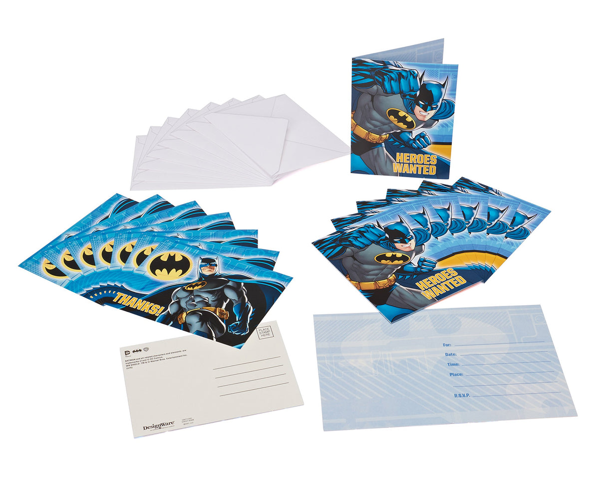 Batman invitations, Thanks postcards and white envelopes fanned out, with fill-in back