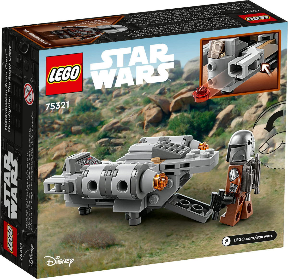 Back of the Razor Crest box showing the ship landed and the stud-shooter feature