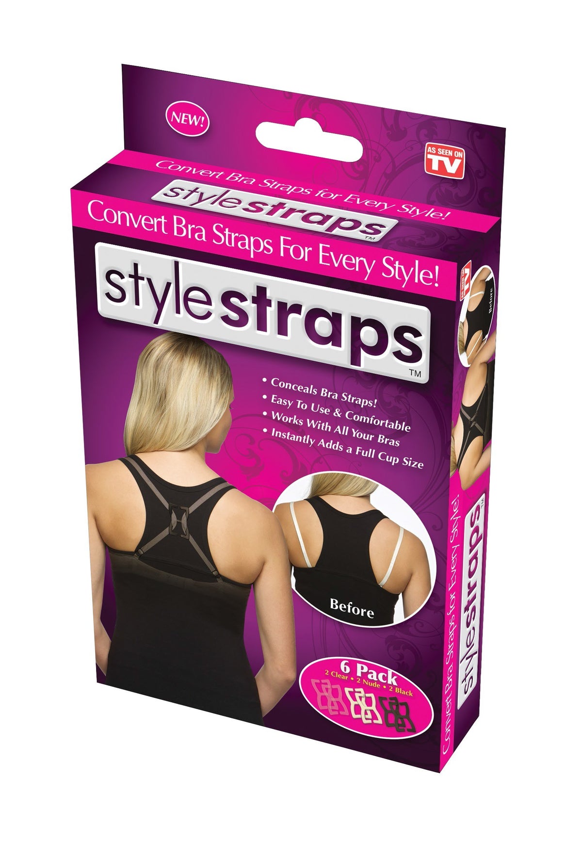 Style Straps 6-pack box showing a racerback tank with bra straps pulled together by a clip