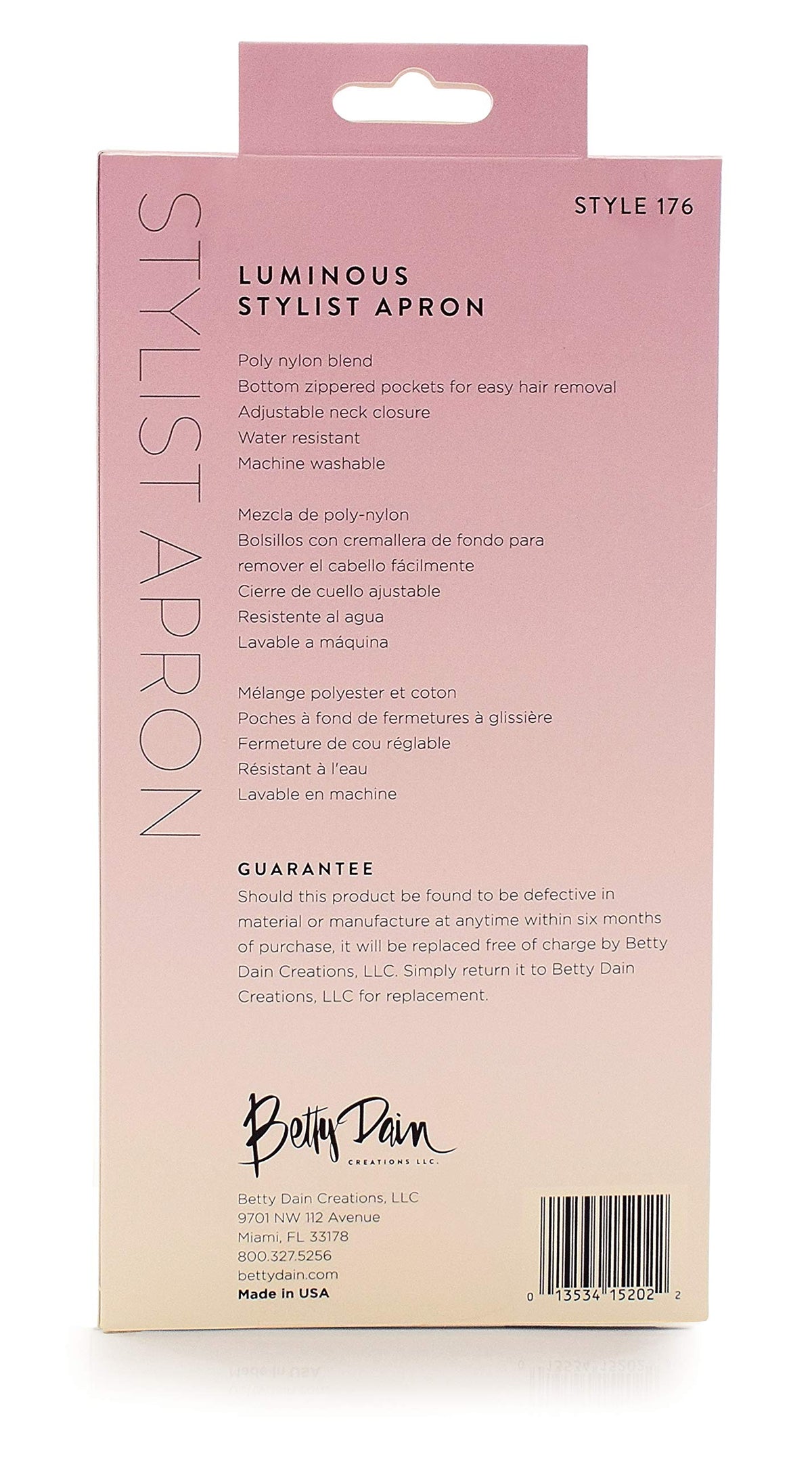 Back of the pink apron box listing features in three languages, with barcode