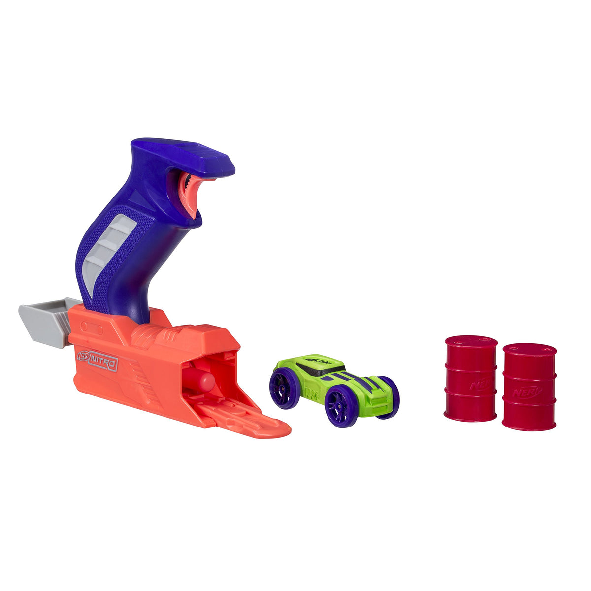 Set contents: blue and orange launcher, green foam car and two red barrels
