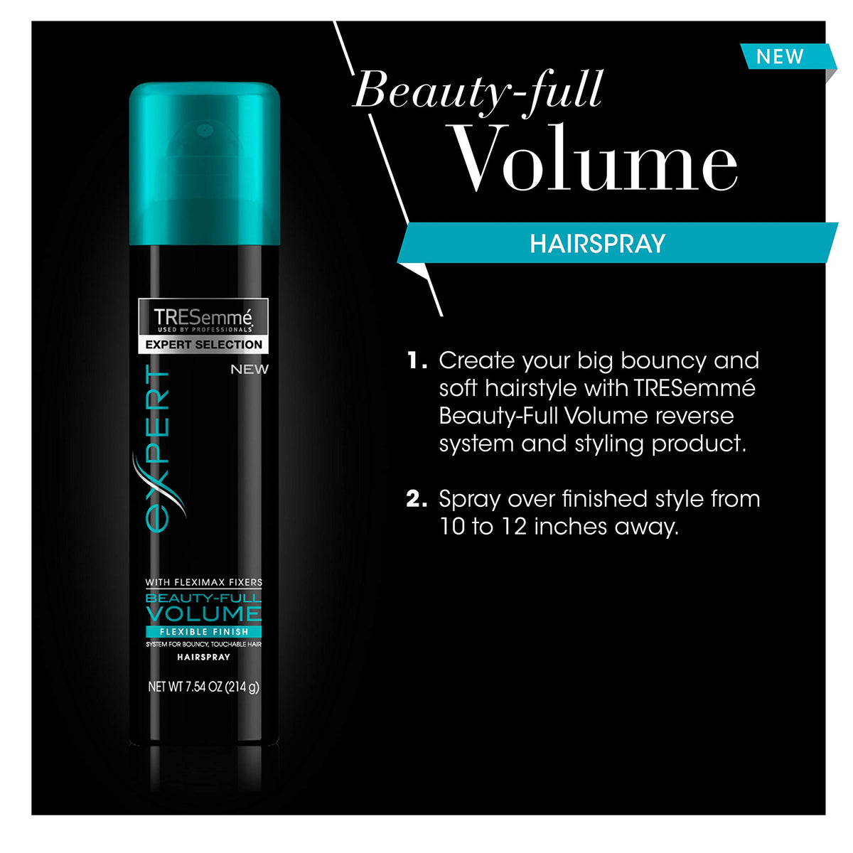 Hairspray can on black beside two how-to-use steps for big, bouncy hair