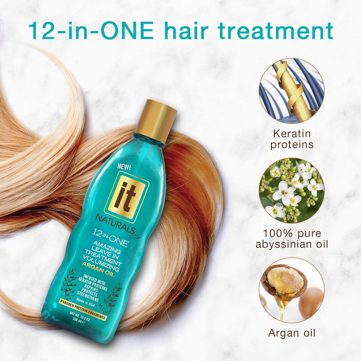 Turquoise bottle of argan oil leave-in treatment lying on wavy strawberry blonde hair