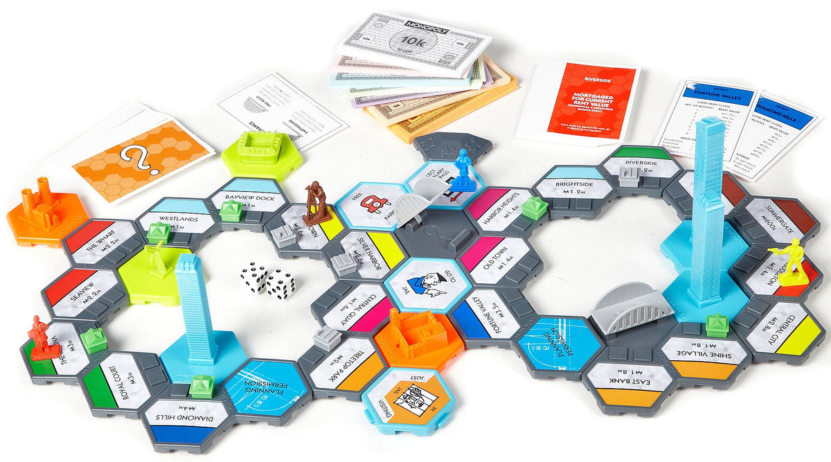 Hexagon tile property board game with skyscrapers, bridges, play money and cards