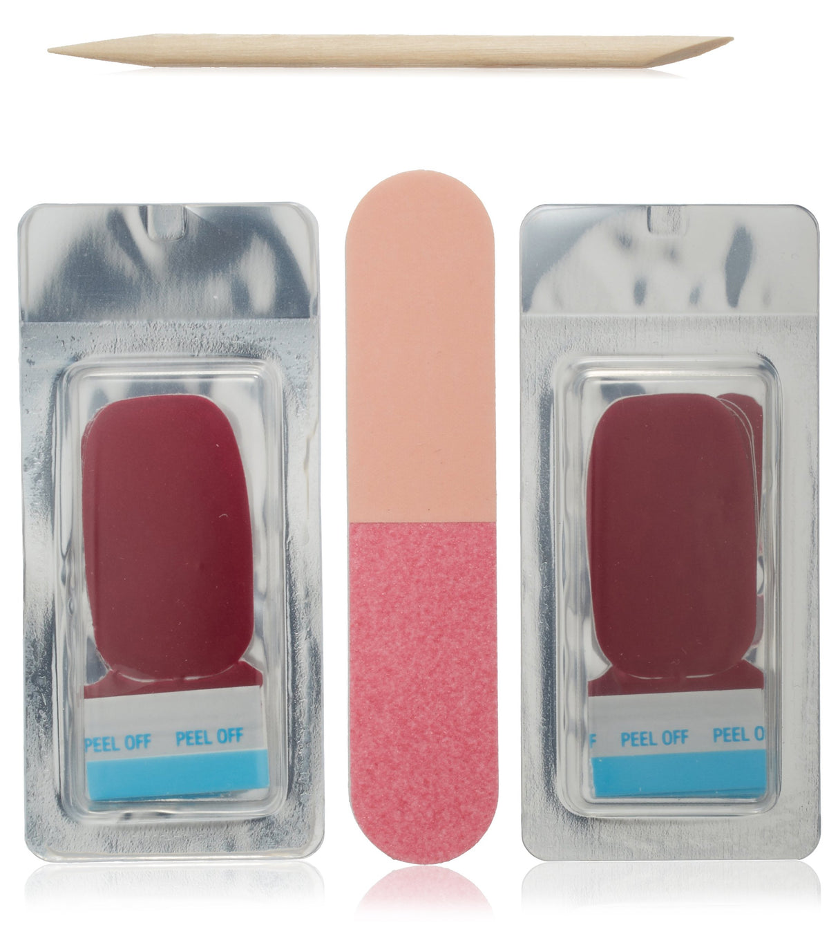 Two packs of solid burgundy gel nail strips with a cuticle stick and buffer