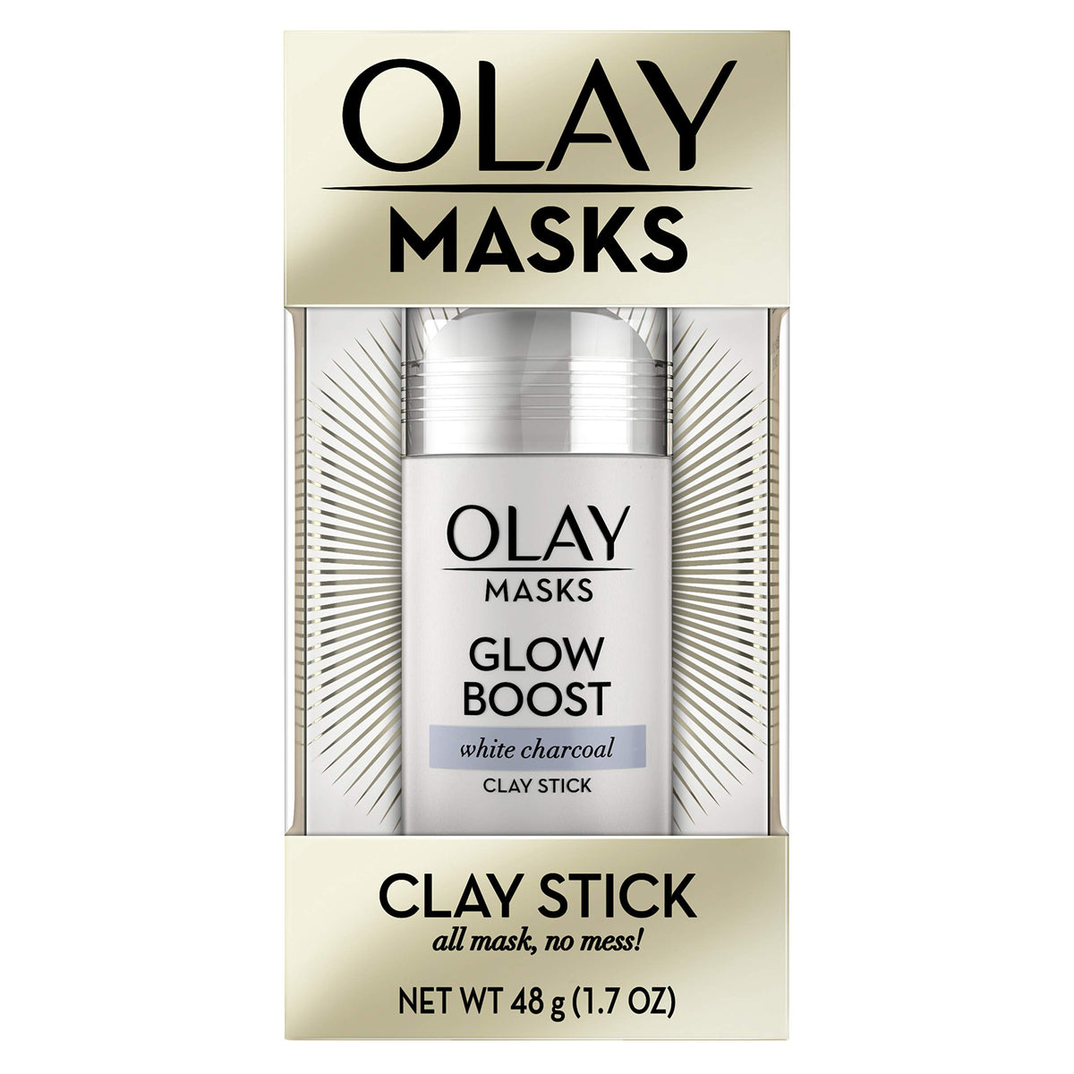 Gold box with a window showing the white charcoal clay mask stick, 1.7 oz