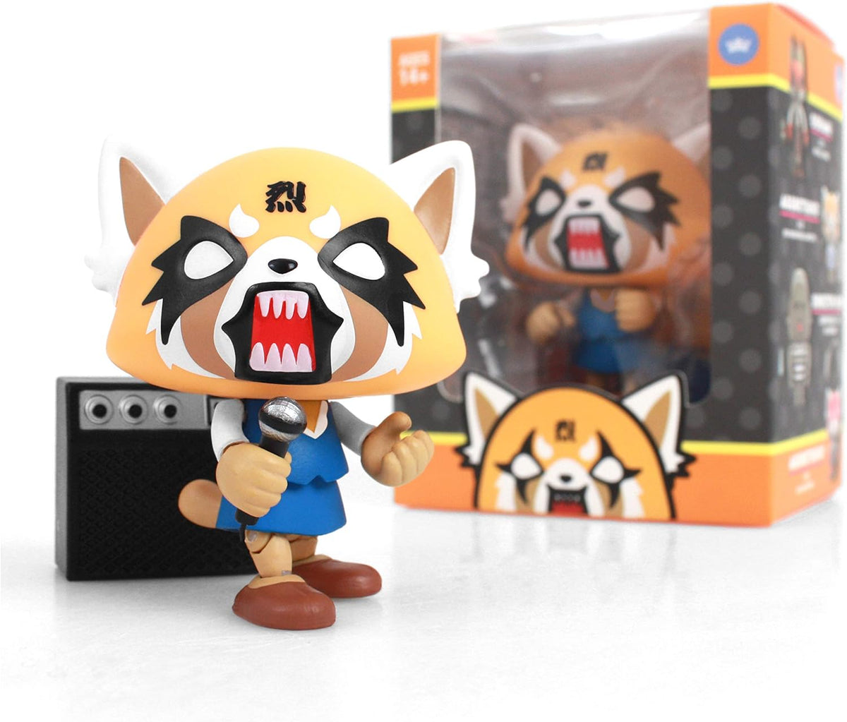Screaming red panda figure in a blue dress holding a microphone beside an amp and its box