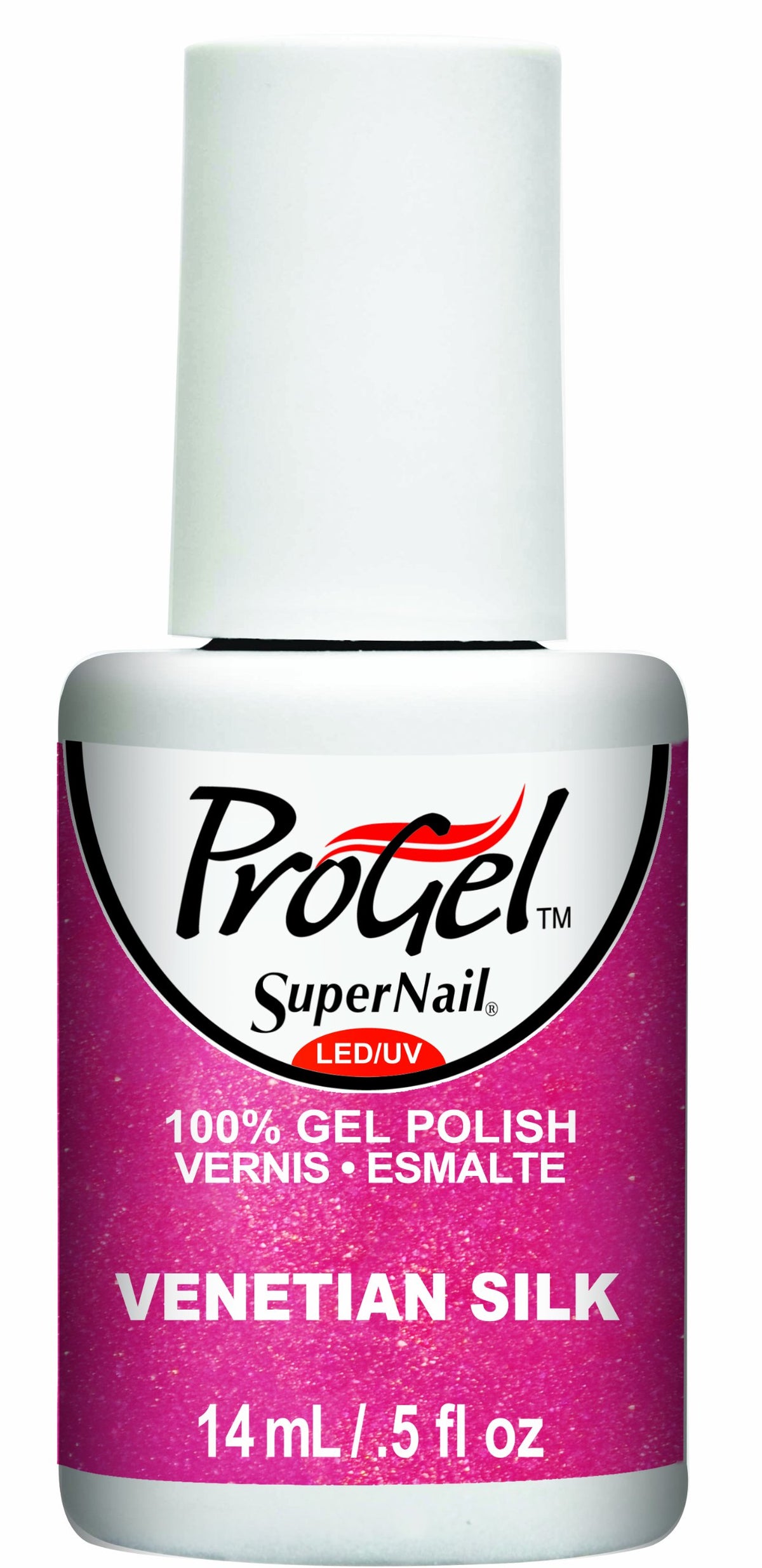 Gel polish bottle with a white cap and a rose pink glitter label