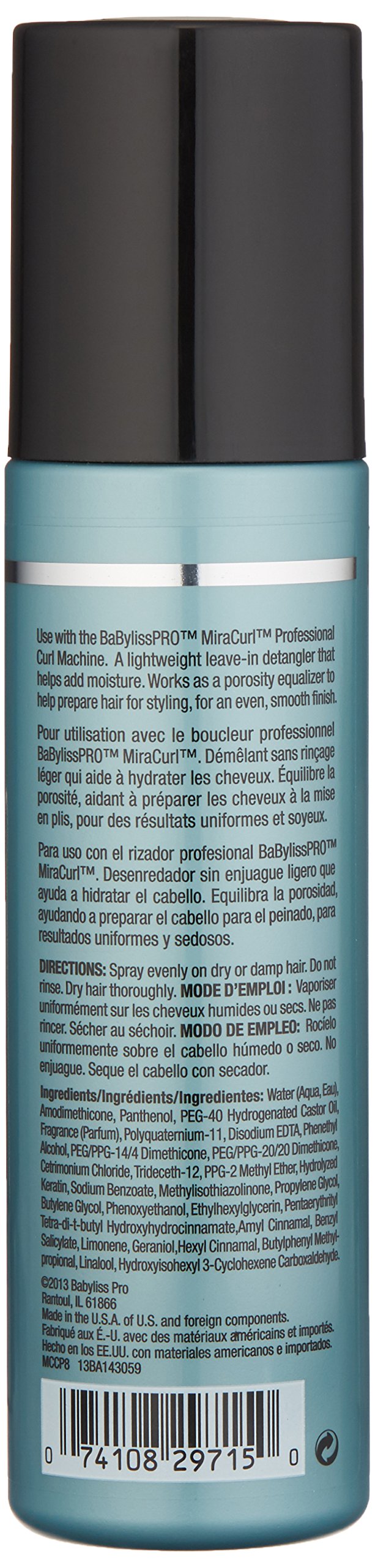 Back of the teal MiraCurl spray bottle with directions and ingredients