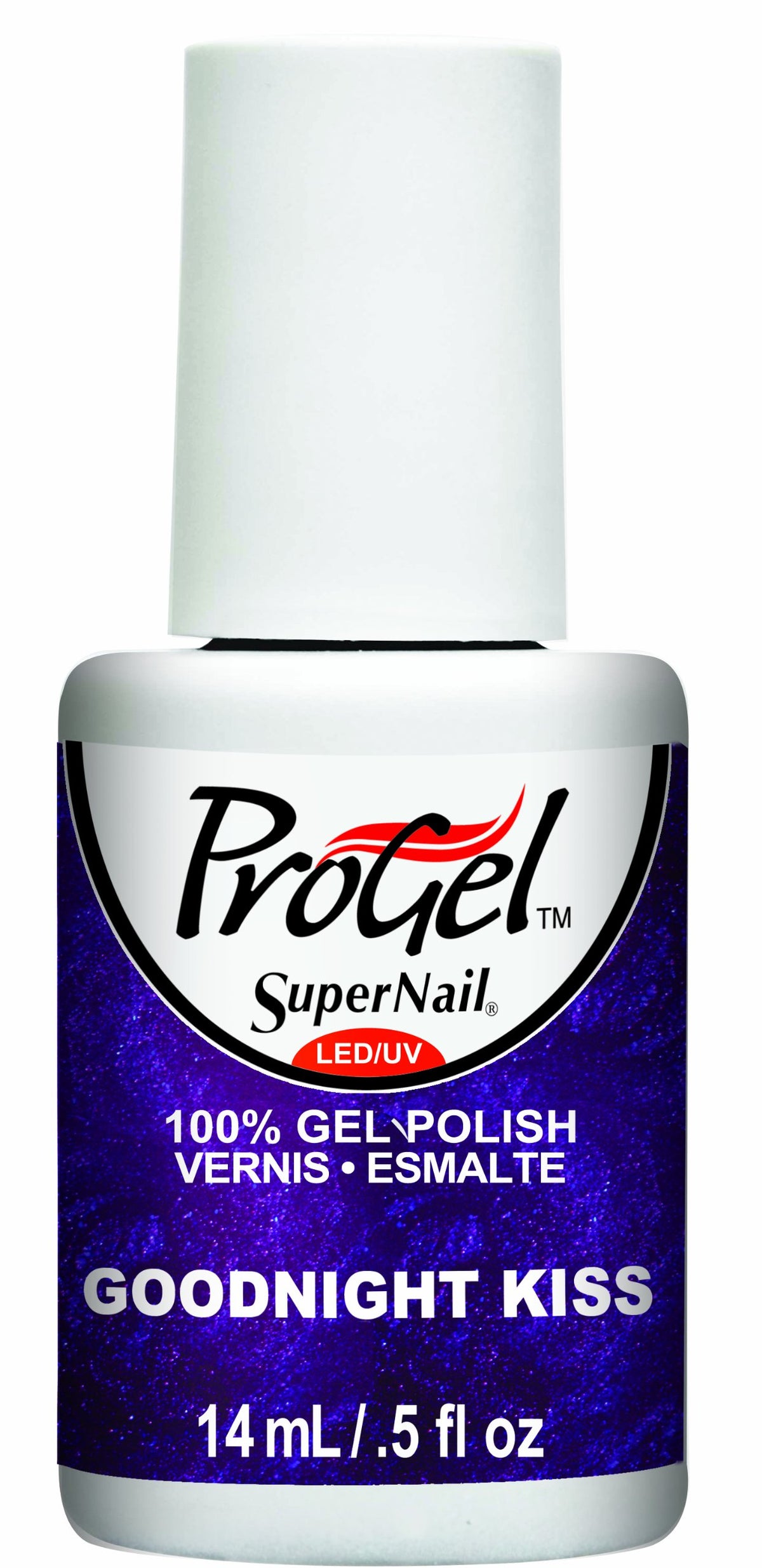 Gel polish bottle with a white cap and a deep indigo purple shimmer label