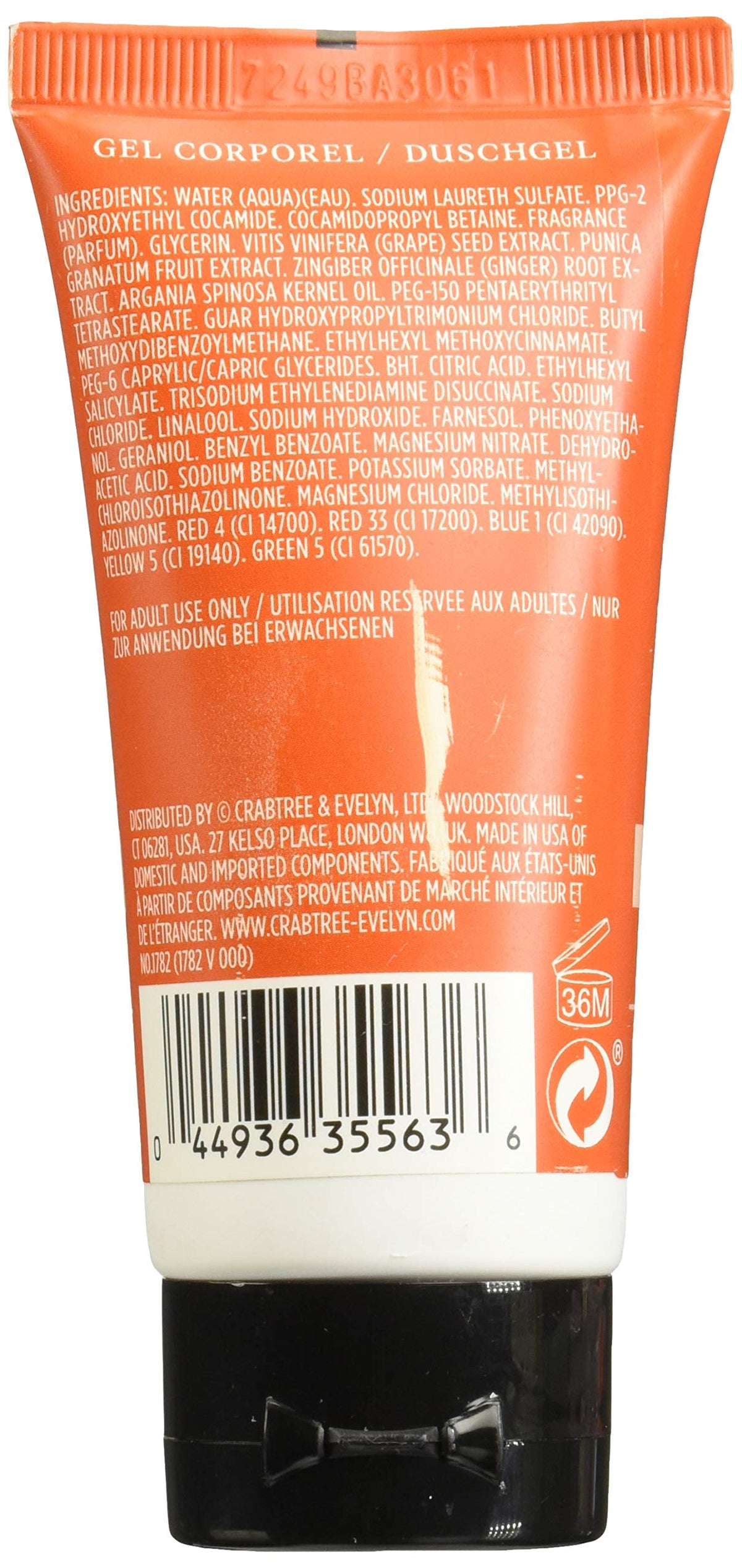 Back of the orange body wash tube with ingredient list and barcode