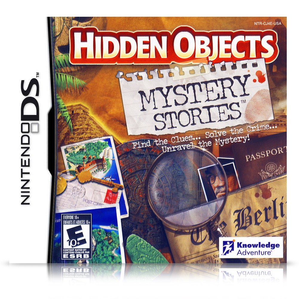Hidden Objects Mystery Stories DS case with a magnifying glass over postcards, keys and a passport