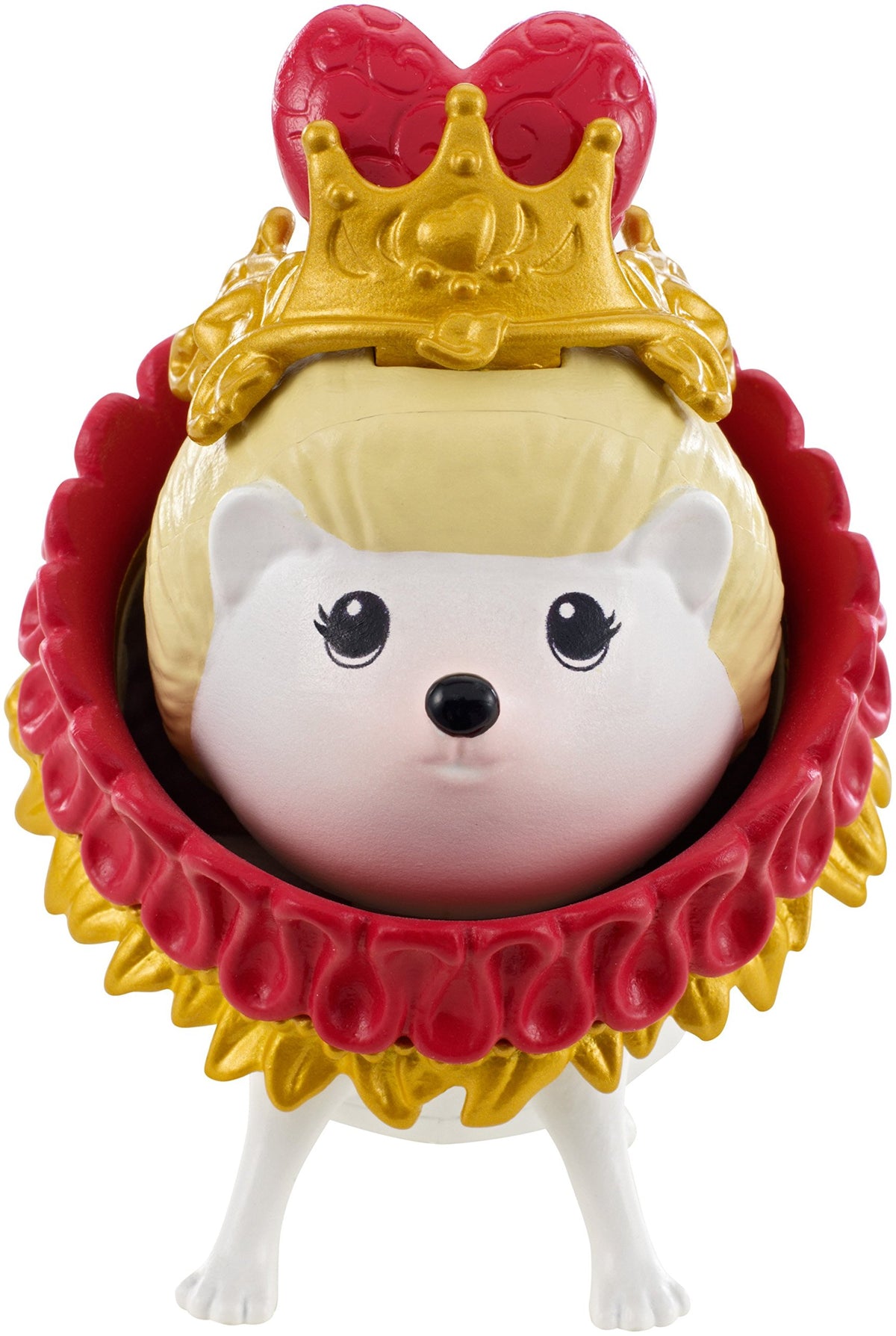 Front view of Shuffle the hedgehog pet wearing a gold crown and red collar