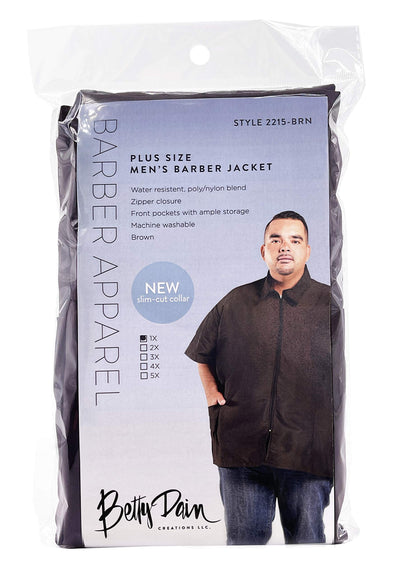 A Size Above Big & Tall Barber Jacket, Cut for Fuller Figures, Short Sleeve with Zipper Front, Left Breast Pocket Plus Two Lower Pockets, Lightweight, Water Resistant Nylon/Poly, Chocolate Brown, 3X
