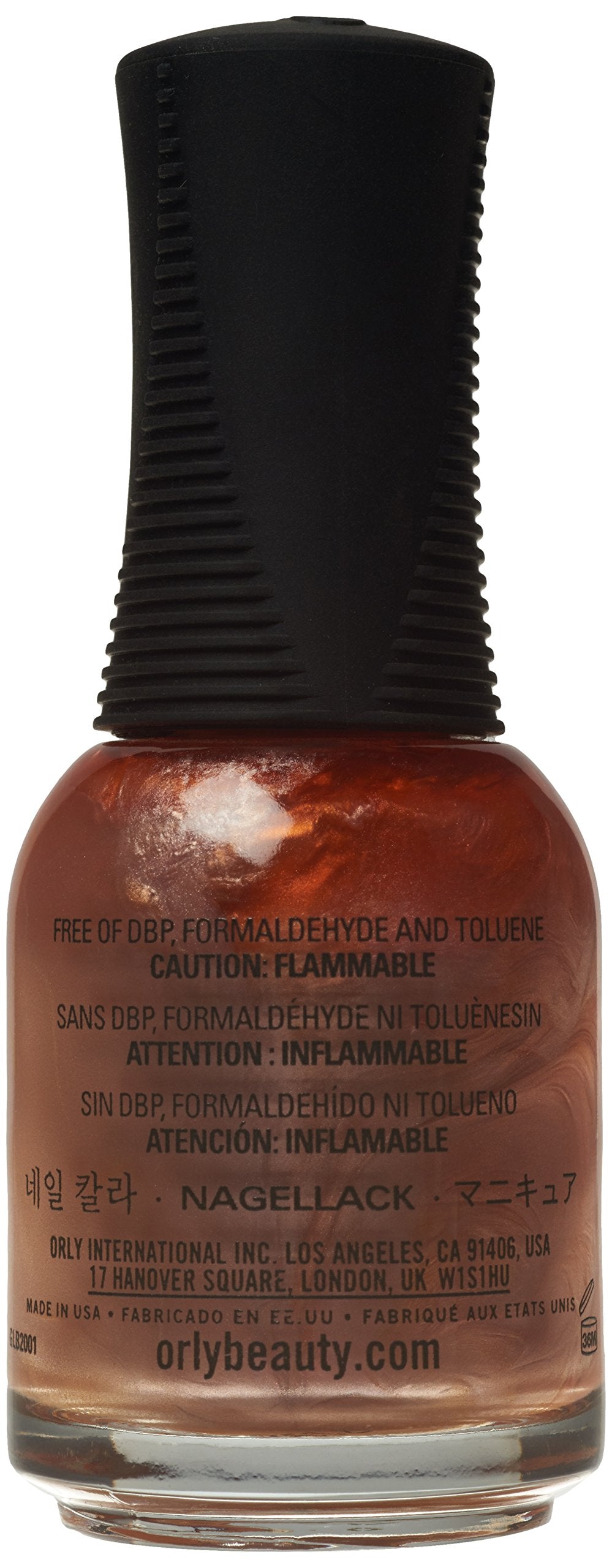 Back of the copper shimmer Orly nail polish bottle showing the label