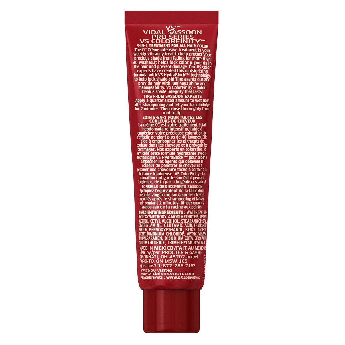 Back of the red conditioner tube with directions in English and French and ingredients