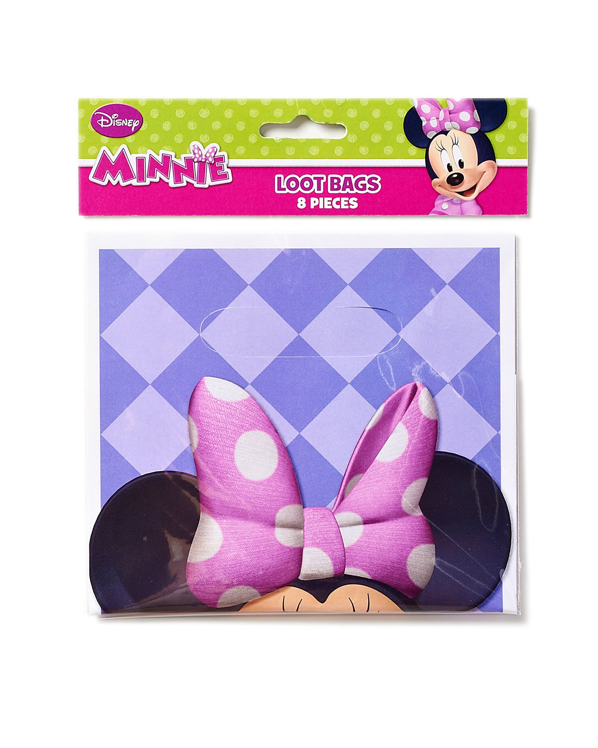Pack of 8 Minnie loot bags with a green and pink header card