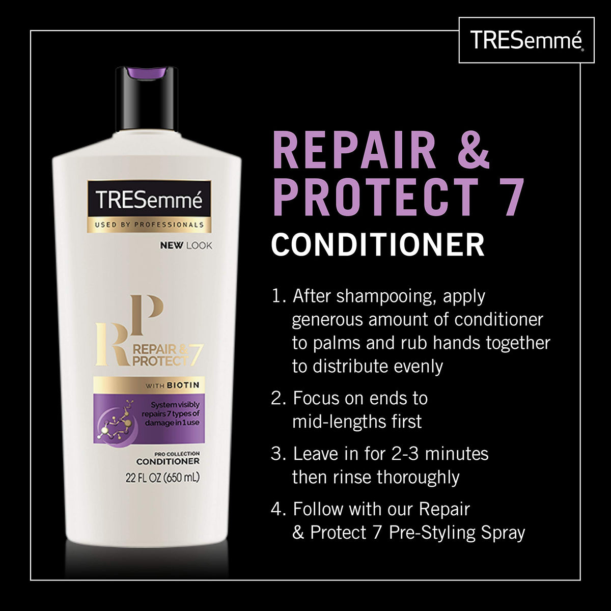 Conditioner bottle beside four steps: apply, focus on ends, leave 2-3 minutes, rinse