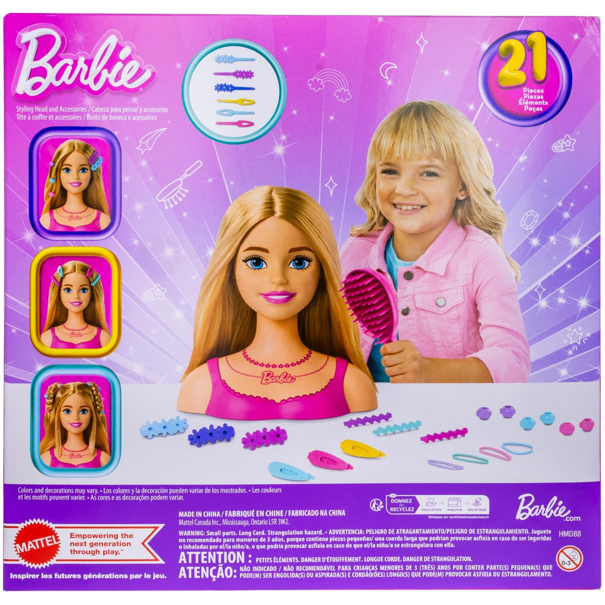 Back of the box with a smiling girl brushing the styling head's long blonde hair
