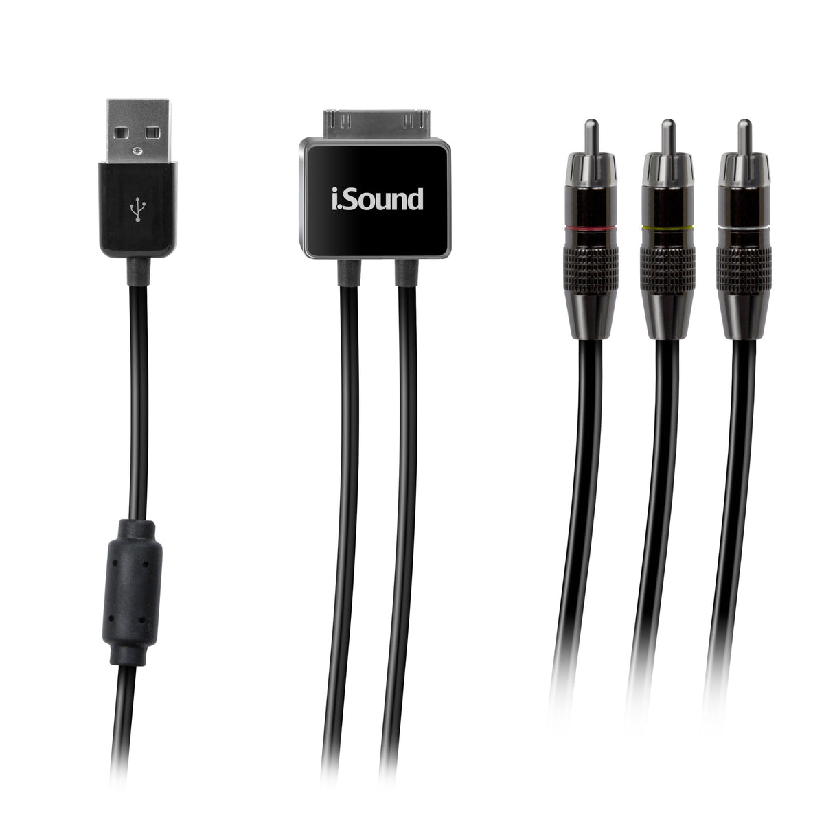 Black USB plug, 30-pin dock connector and three RCA plugs with red, yellow and white rings