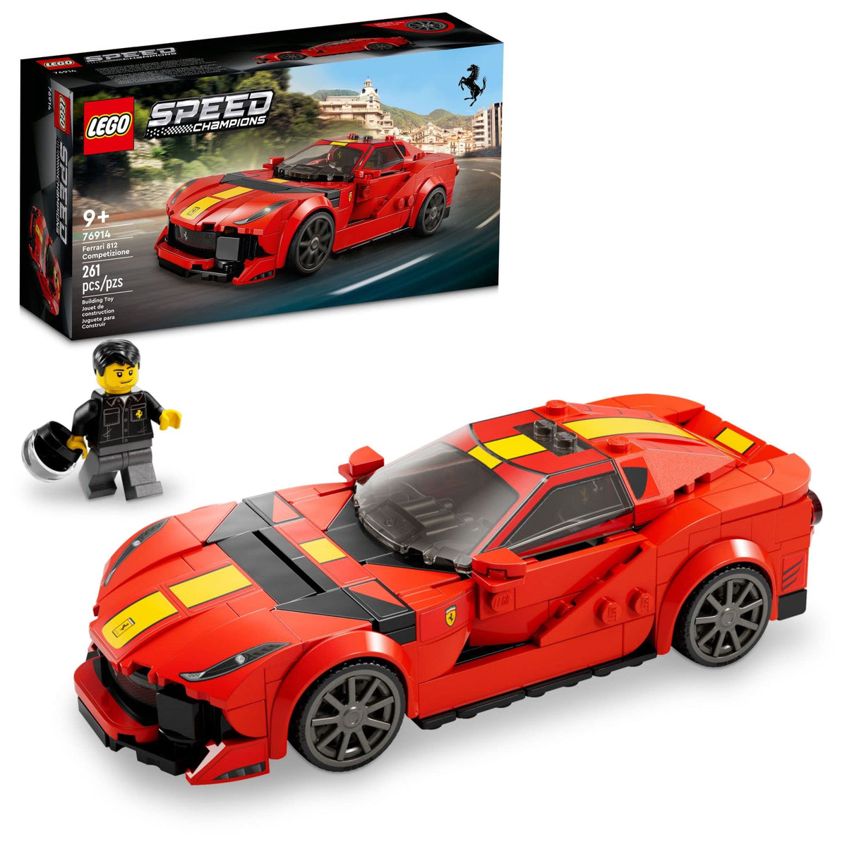 Red brick-built supercar with yellow stripes, a driver minifigure holding a helmet, and the 261-piece box