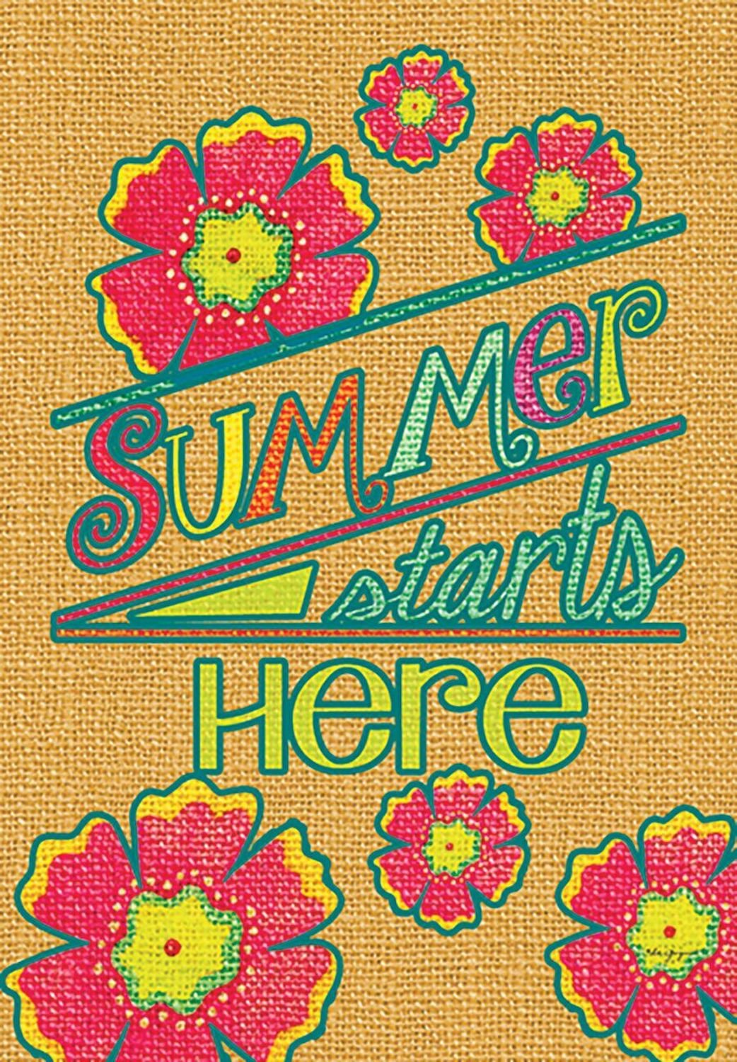 Flat view of the Summer starts here flag with pink and yellow flowers