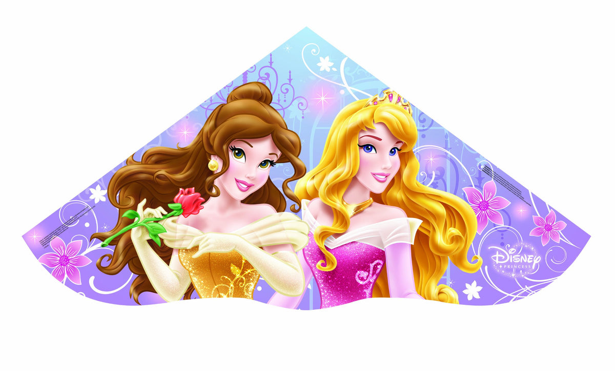 Lilac delta kite showing Belle holding a rose beside Aurora in a pink gown