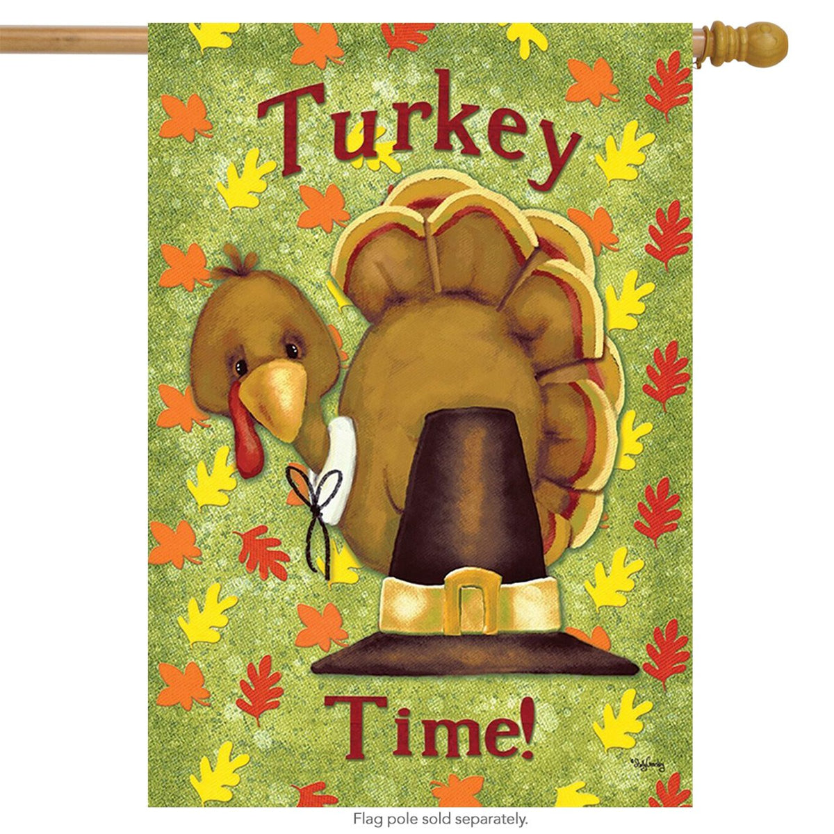 Turkey Time pilgrim hat flag hanging from a wooden pole