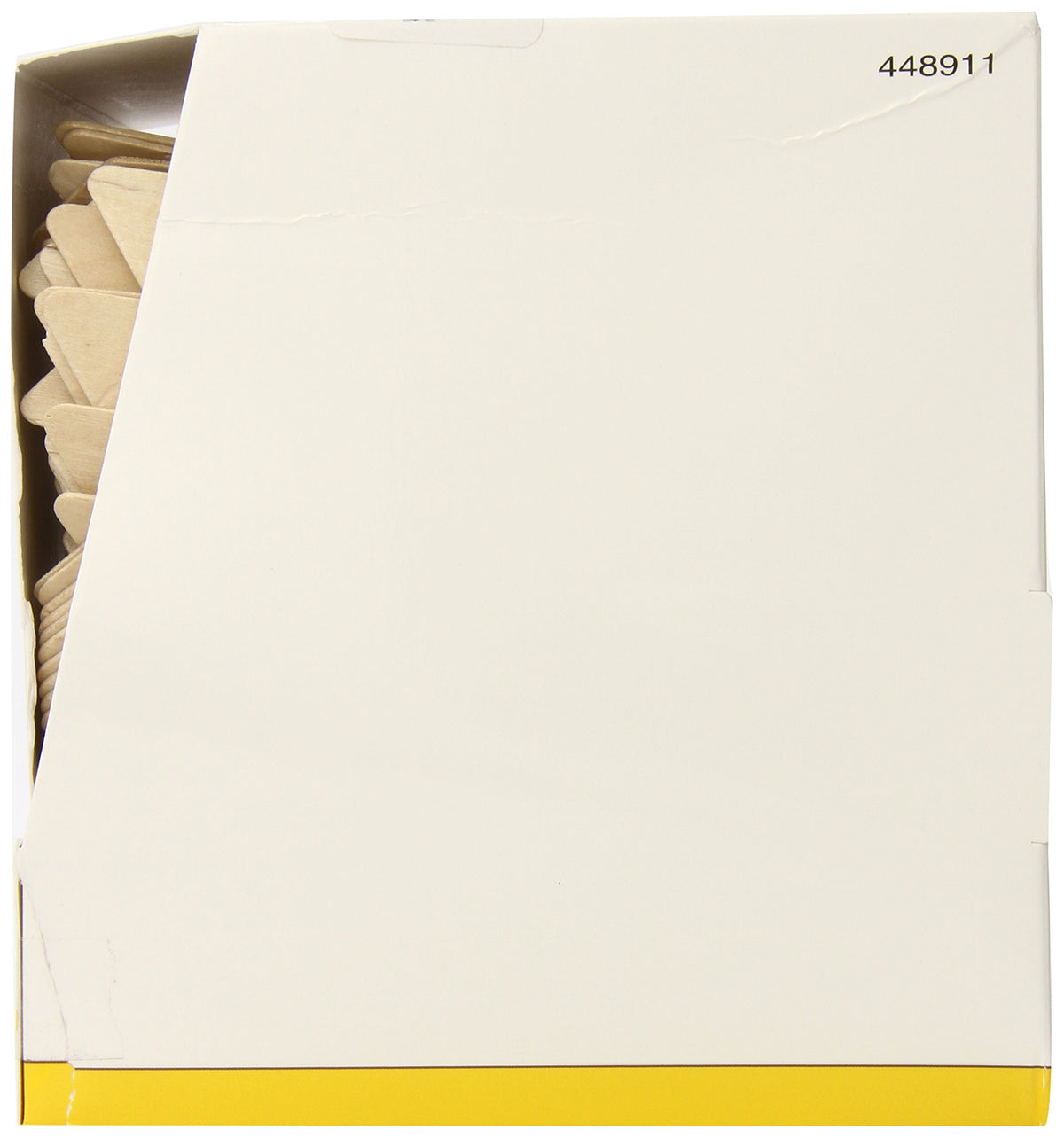 Side of the opened dispenser box with wooden wax spatulas stacked inside