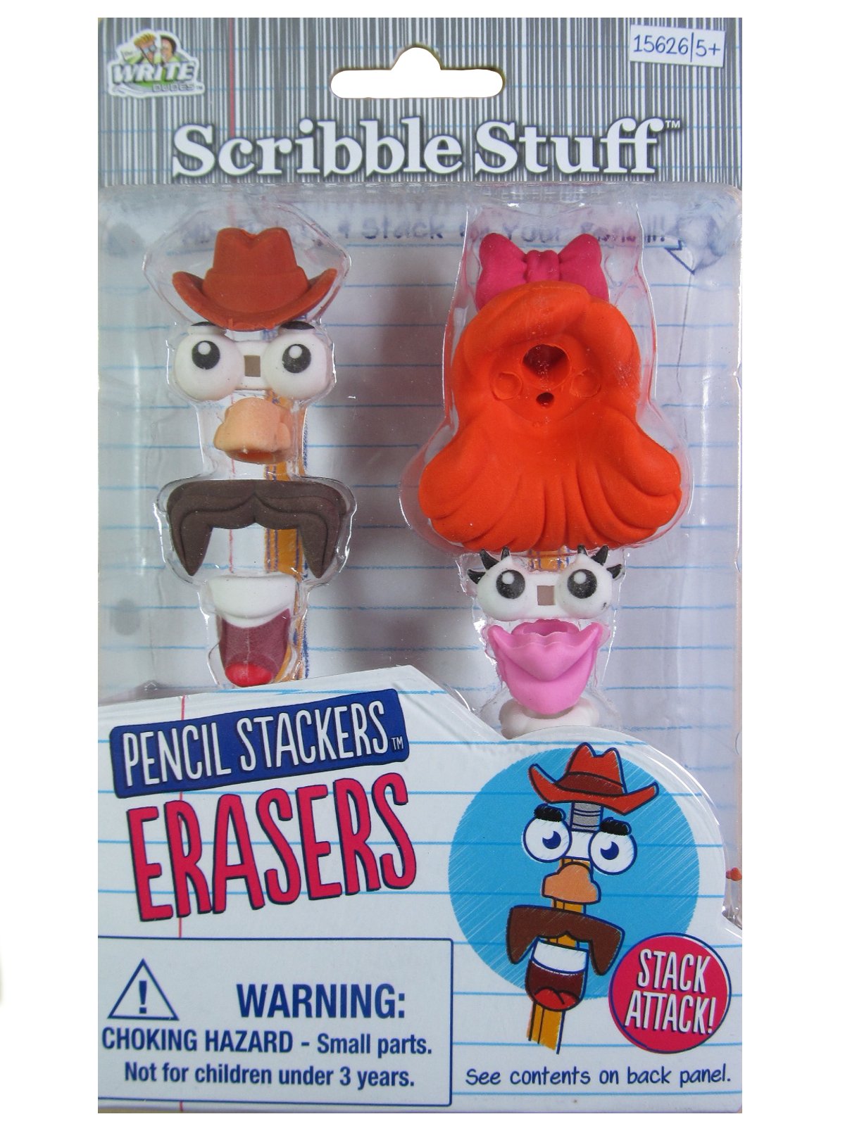 Scribble Stuff Pencil Stackers erasers with cowboy hat and red hair face pieces on card